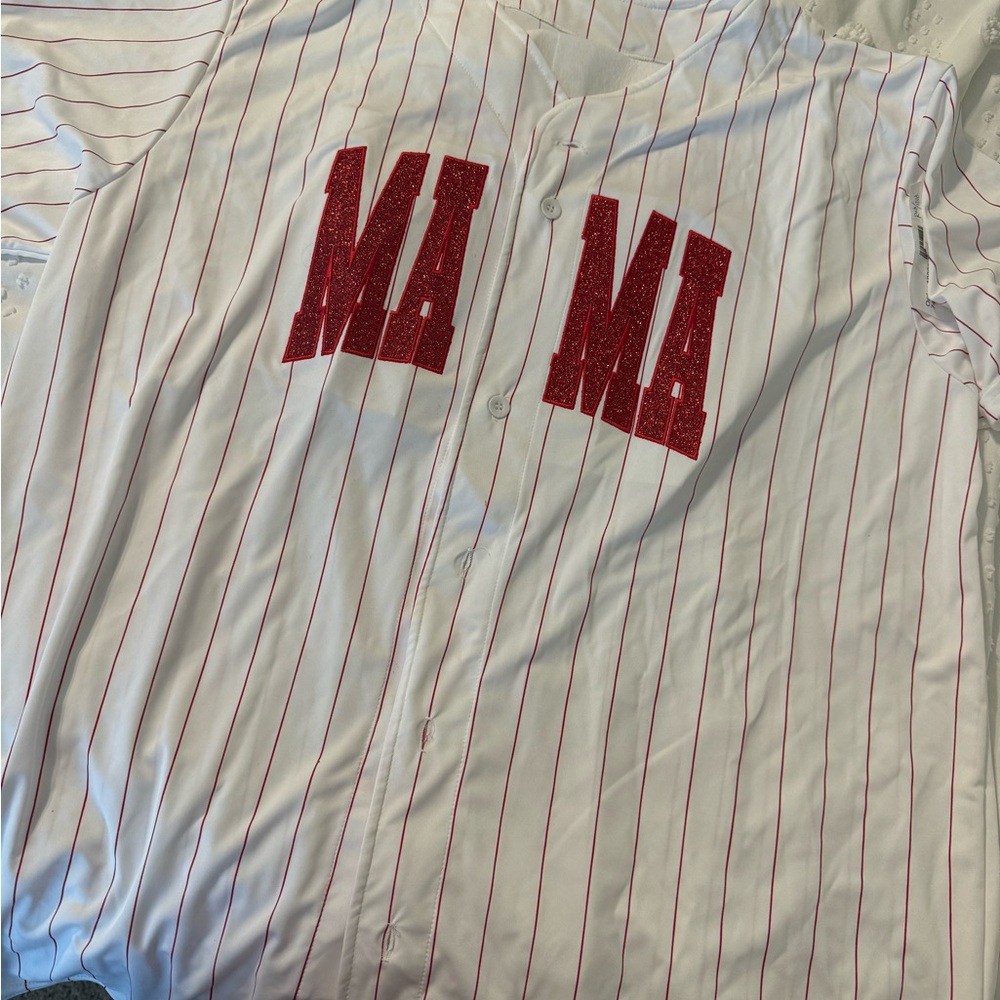 Red and White Mama baseball Striped Button-Up Shirt